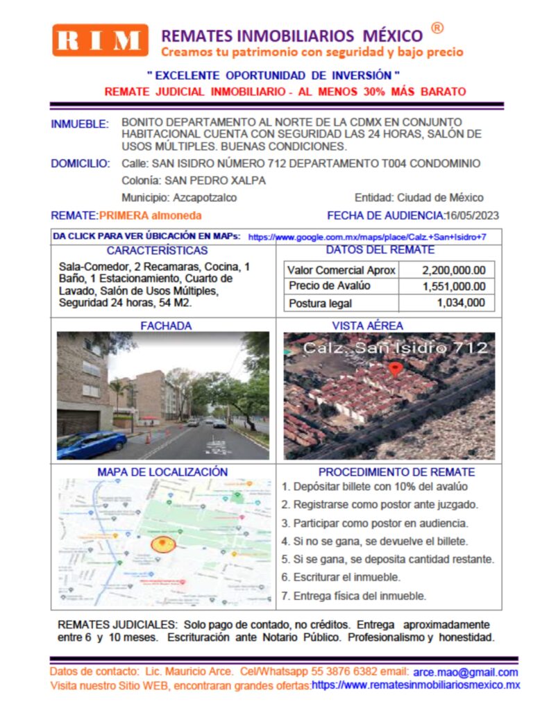 Remate Judicial, Departamento San Isidro, Azcapotzalco