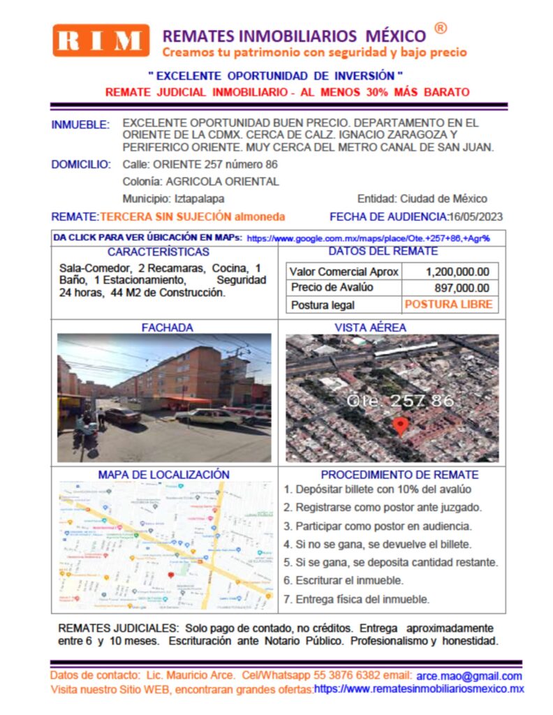 REMATE JUDICIAL, Departamento Agricola Oriental, CDMX