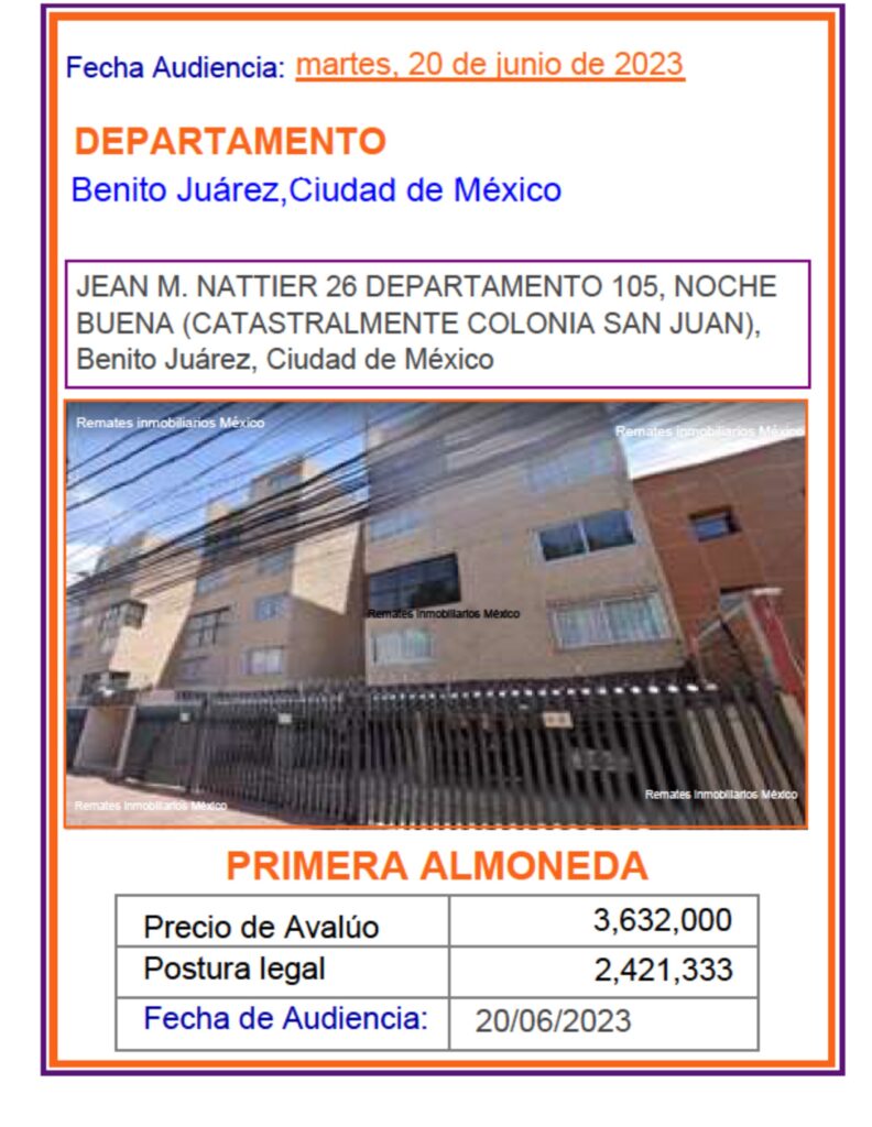 REMATE JUDICIAL, DEPARTAMENTO NATTIER, SAN JUAN, BENITO JUÁREZ, VENTA DE DEPARTAMENTO