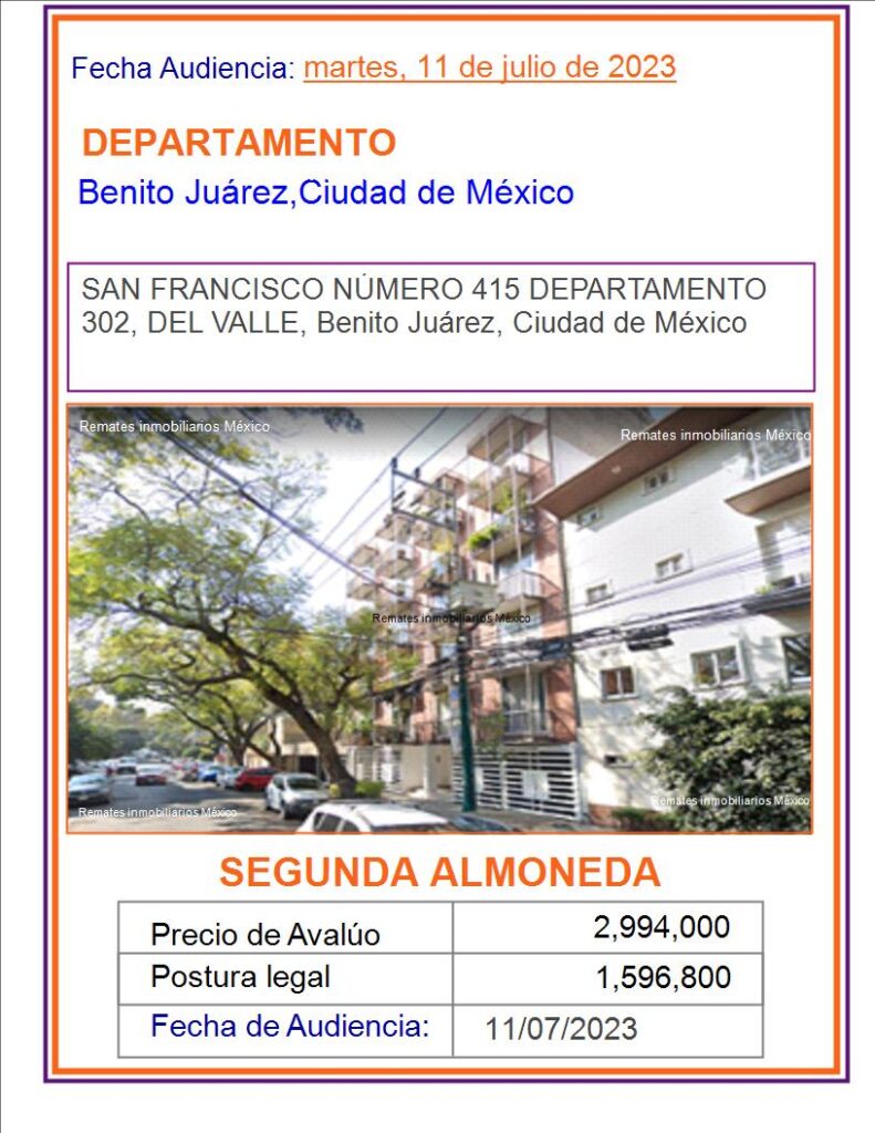 REMATE JUDICIAL DEPARTAMENTO SAN FRANCISCO 415, DEL VALLE