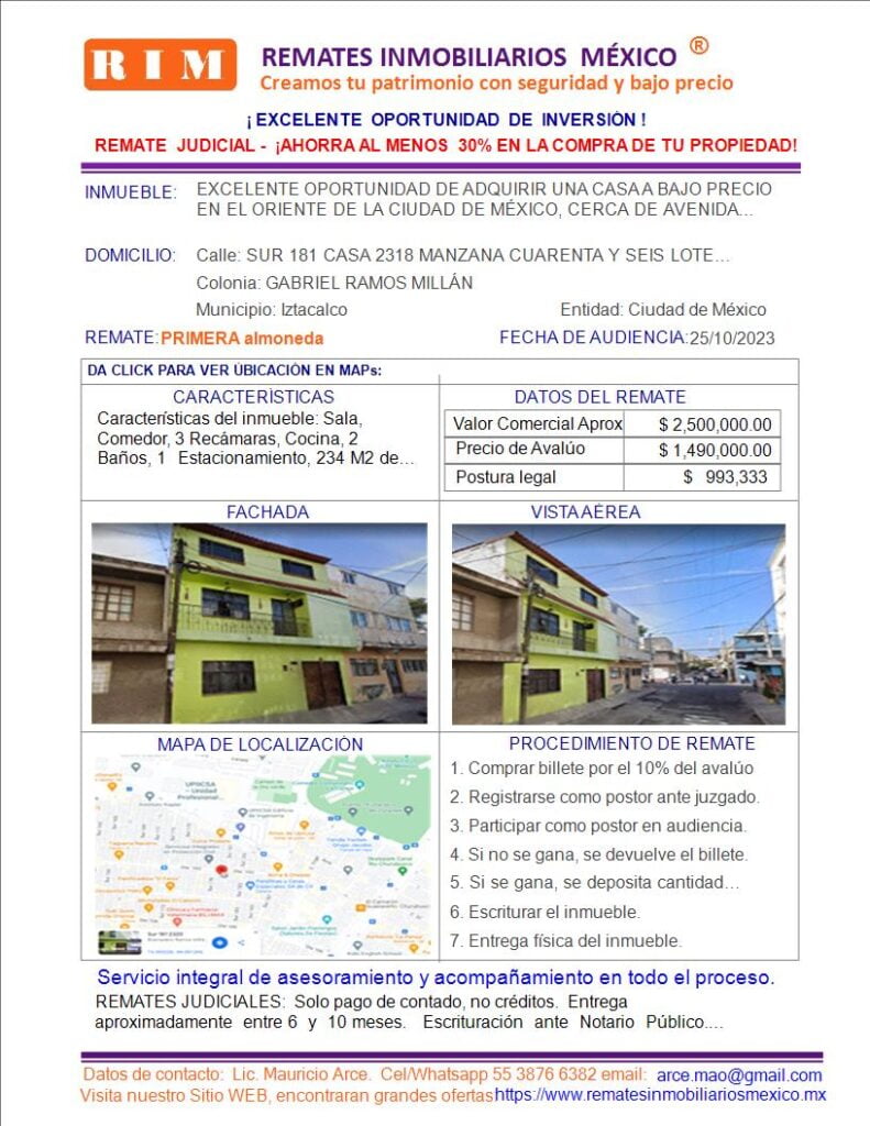Remate Judicial, RL. CASA RAMOS MILLÁN IZTACALCO. Remates Inmobiliarios México 