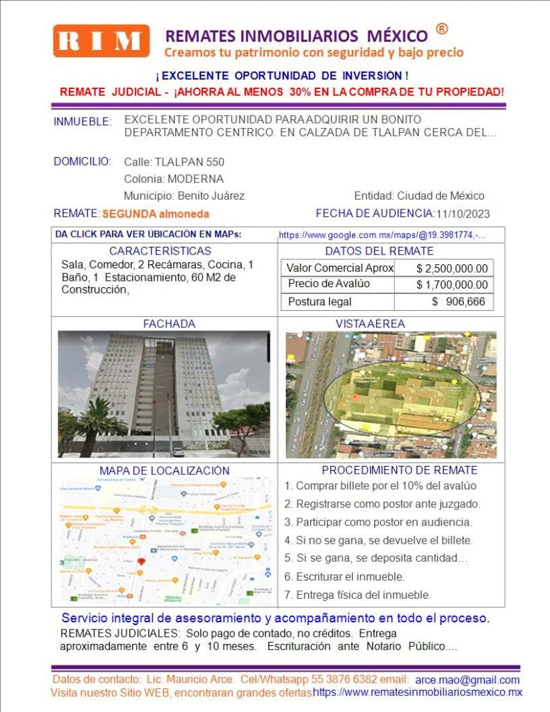 REMATES JUDICIALES. DEPARTAMENTO TLAPAN 550 METRO XOLA. REMATES INMOBILIARIOS MÉXICO.