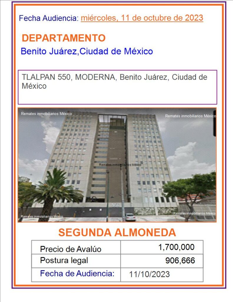 REMATES JUDICIALES. DEPARTAMENTO TLAPAN 550 METRO XOLA. REMATES INMOBILIARIOS MÉXICO.